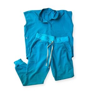 FIGS Technical Collection Woden's Teal Blue Rafaela Scrub Top & Zamora Joggers S